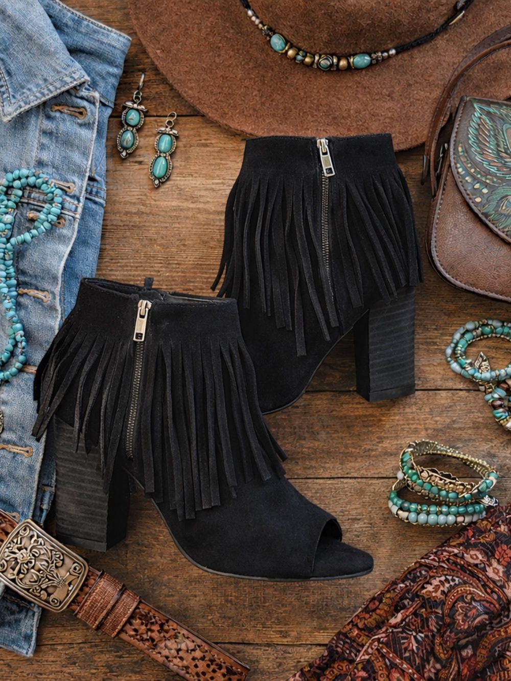 Black Leather Fringe Peep Toe Ankle Booties Size 9 Block Heel Western Boho